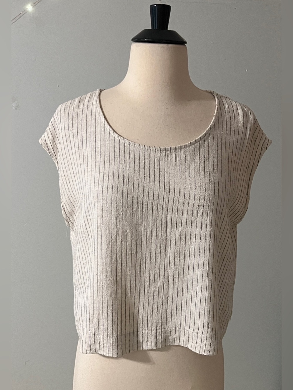Hunter & Brown Linen Blend Ribbed Crop Top Large Oatmeal Stripe Boxy